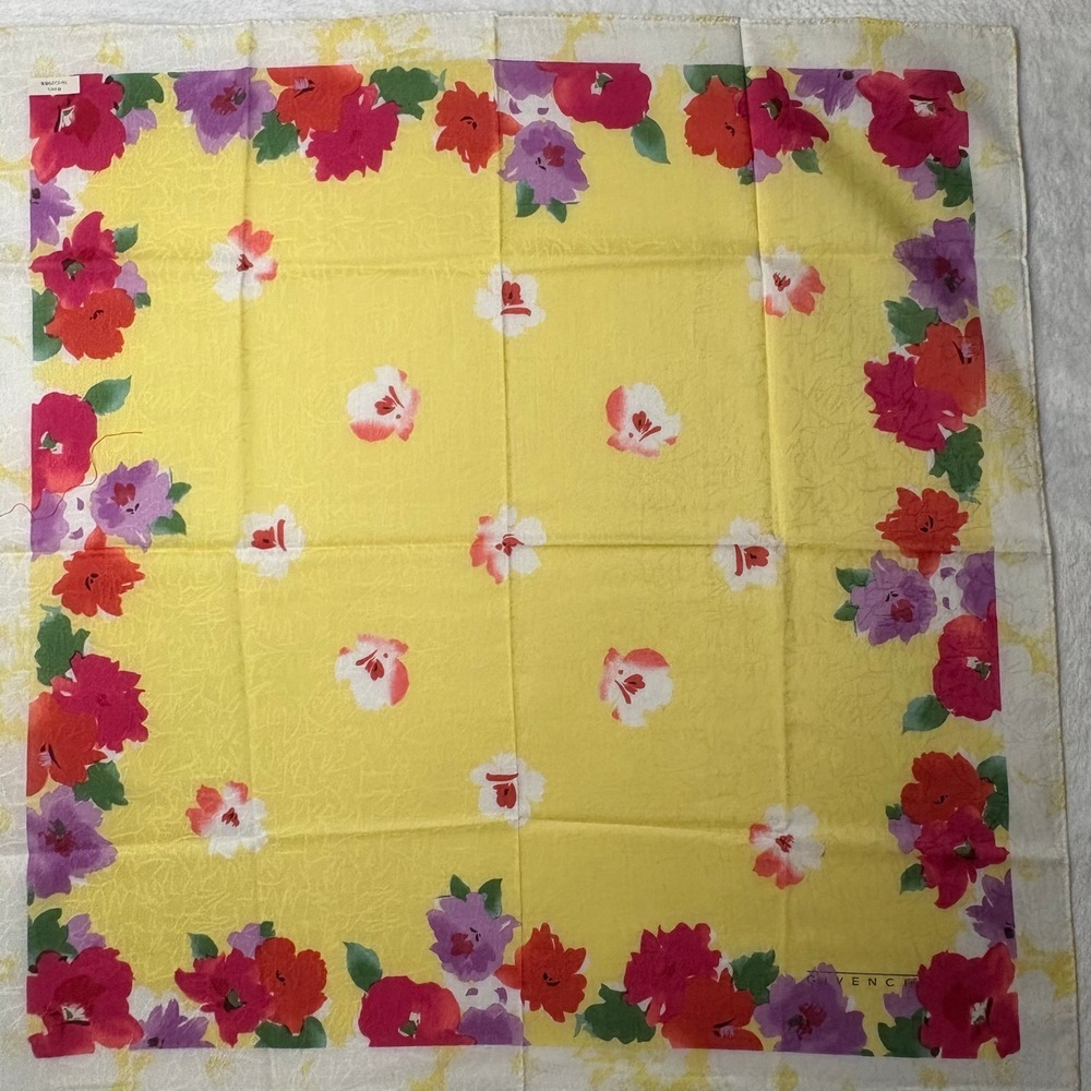 Vtg GIVENCHY Scarf Handkerchief Floral Yellow 18.5"